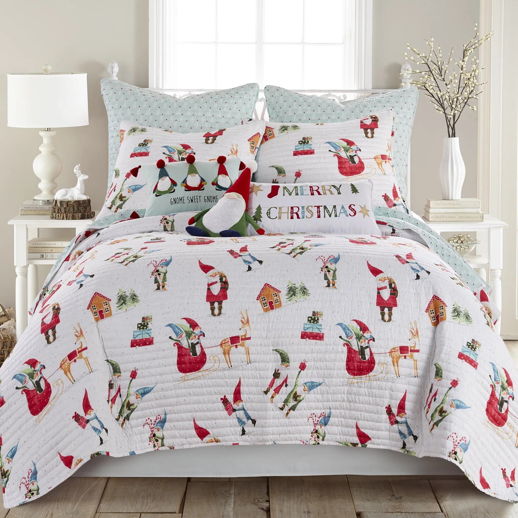 relaxed Merry & Bright by  - Gnome for the Holidays Quilt - Full/Queen - Christmas Gnomes - Red, Green and White - Quilt (86x86in.) - Reversible - Microfiber White Full/Queen