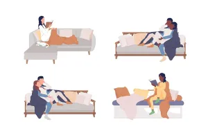 Resting on couch semi flat color vector characters set