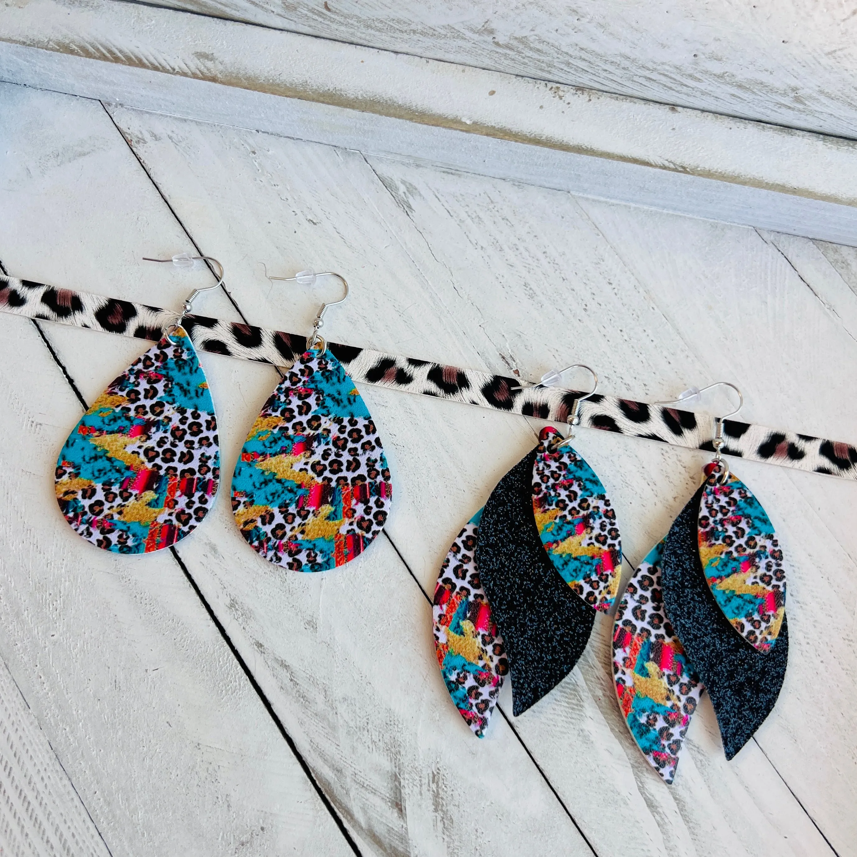 Serape Leopard Faux Leather Teardrop Ear Bling Two Styles Available