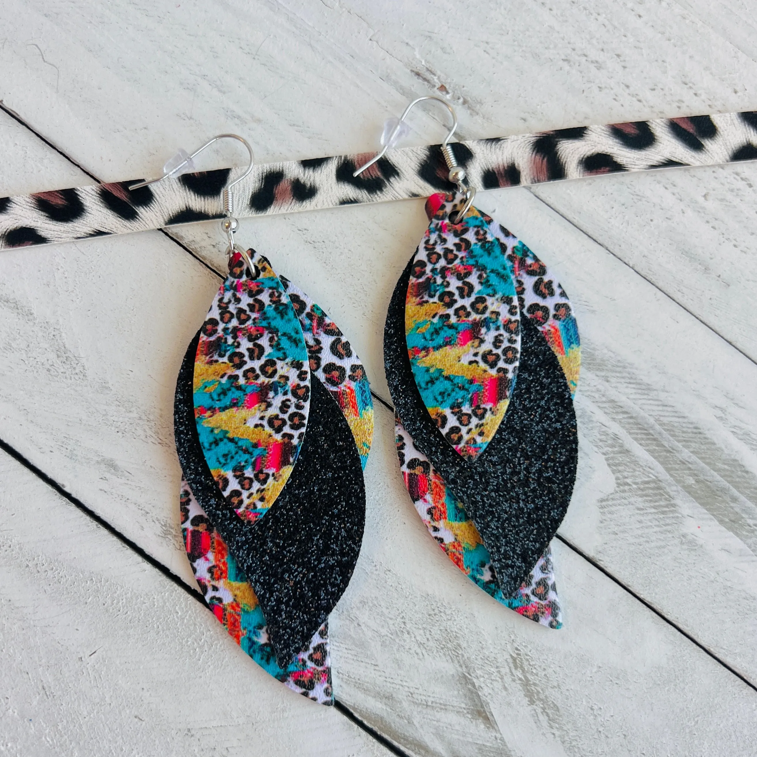 Serape Leopard Faux Leather Teardrop Ear Bling Two Styles Available