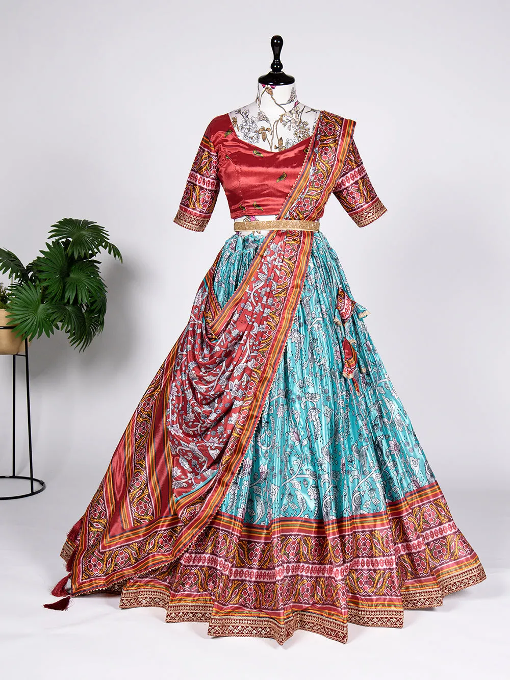 Sky Blue Color Ikkat Patola Print and Sequins Embroidery Chinon Lehenga Choli