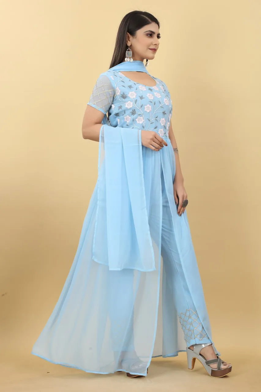 Sky Blue Salwar Suit in Georgette with Embroidery Work