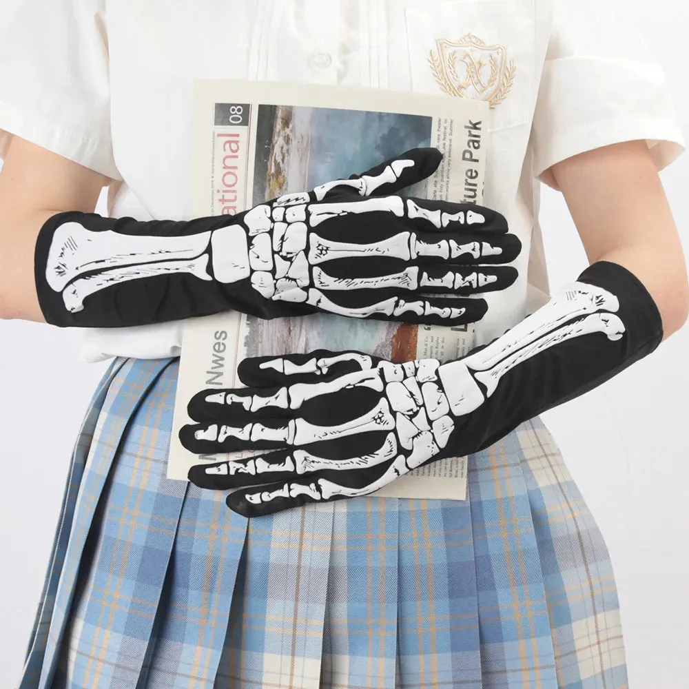 Sohiwoo Halloween Printed Skull Cosplay Full Finger Gloves Women Dance Party Props Clothing Terror Gloves Accessory Adult