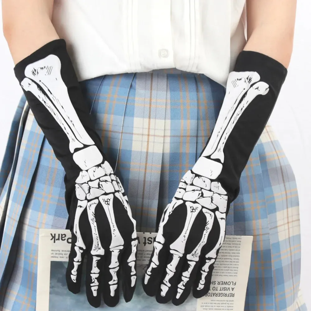 Sohiwoo Halloween Printed Skull Cosplay Full Finger Gloves Women Dance Party Props Clothing Terror Gloves Accessory Adult