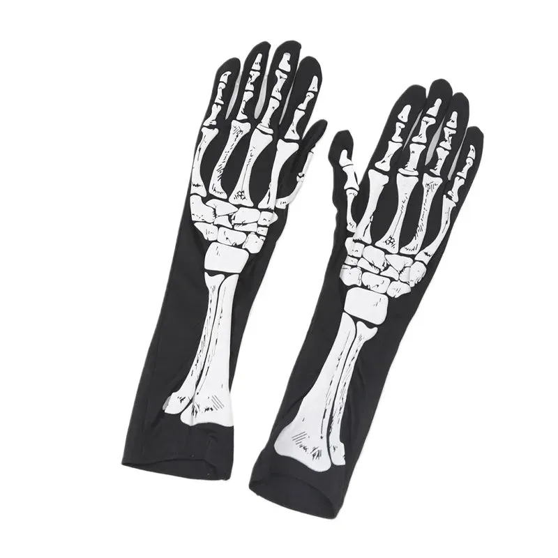 Sohiwoo Halloween Printed Skull Cosplay Full Finger Gloves Women Dance Party Props Clothing Terror Gloves Accessory Adult