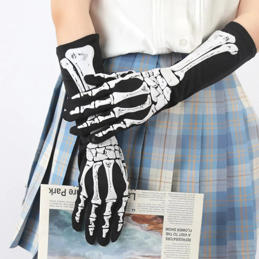 Sohiwoo Halloween Printed Skull Cosplay Full Finger Gloves Women Dance Party Props Clothing Terror Gloves Accessory Adult