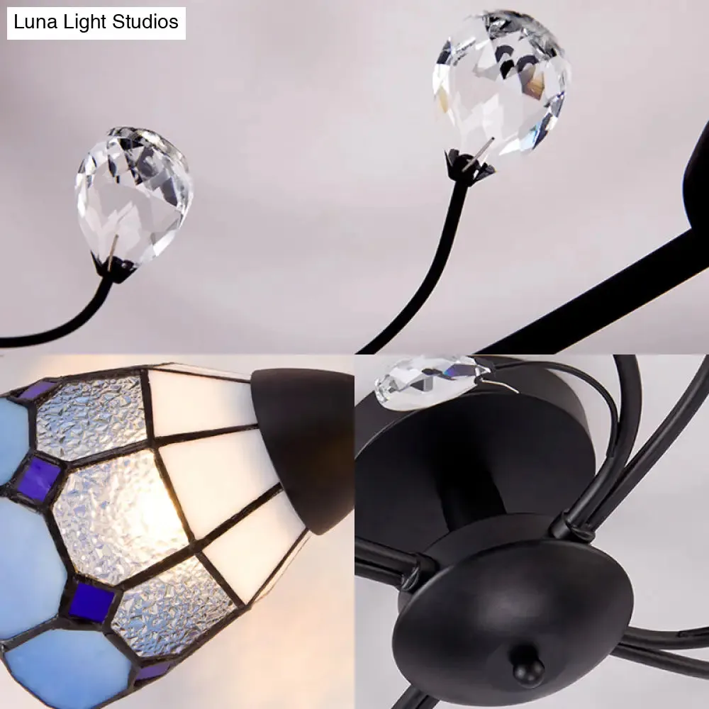 Stained Glass Bell Semi Flushmount with Crystal Decoration and Leaf/Blue Square/Sky Blue Square/Yellow Square Pattern Rustic Light in Black - 4/6/8 Lights