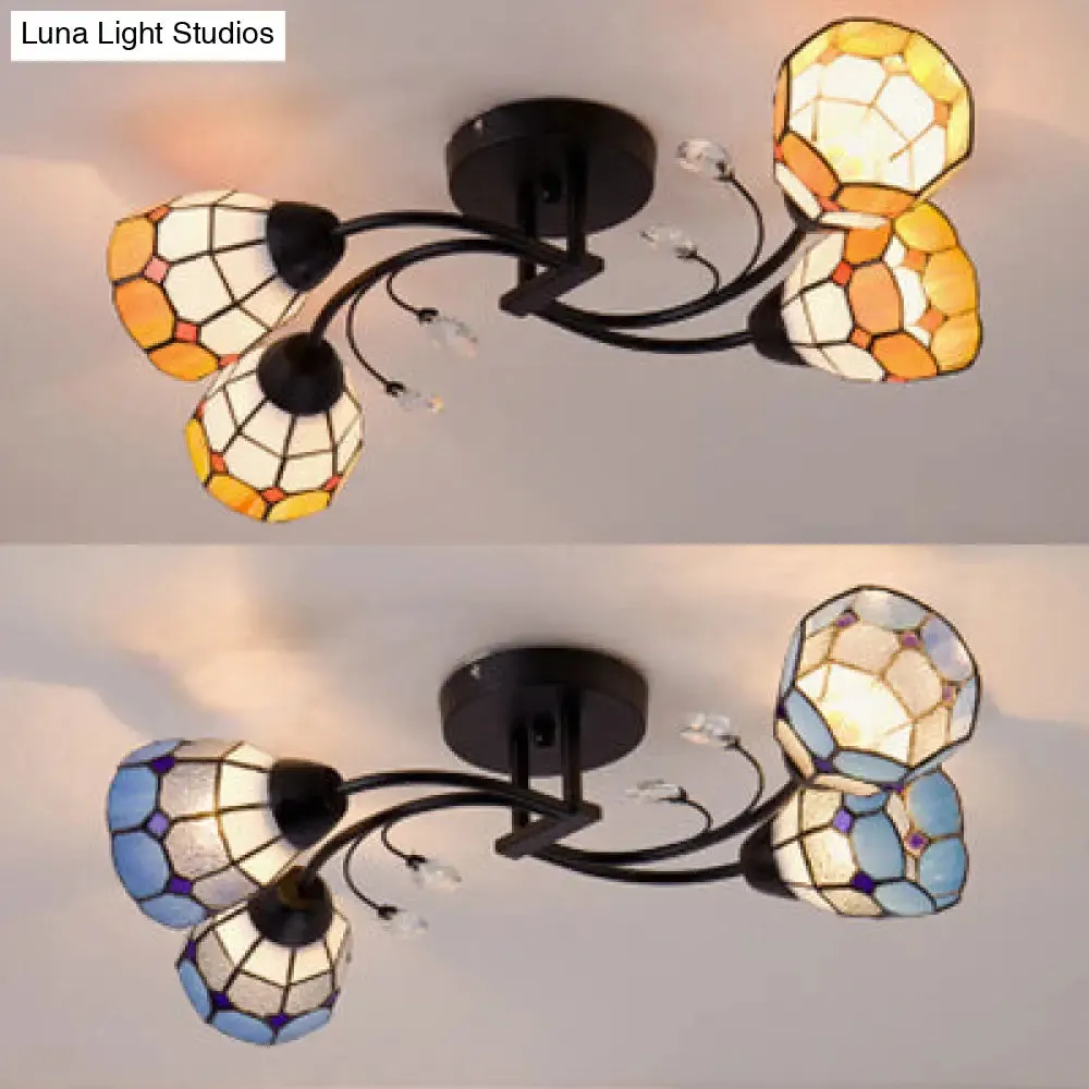 Stained Glass Bell Semi Flushmount with Crystal Decoration and Leaf/Blue Square/Sky Blue Square/Yellow Square Pattern Rustic Light in Black - 4/6/8 Lights