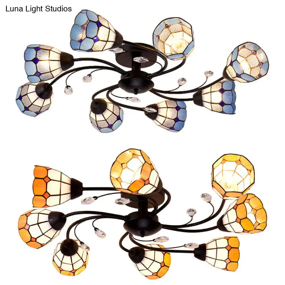 Stained Glass Bell Semi Flushmount with Crystal Decoration and Leaf/Blue Square/Sky Blue Square/Yellow Square Pattern Rustic Light in Black - 4/6/8 Lights