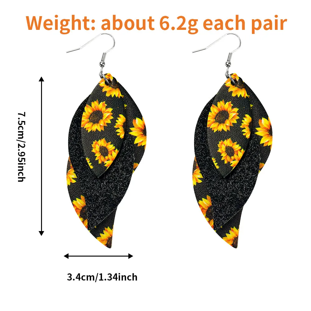 Sunflower Black Background Faux Leather Teardrop Ear Bling Two Styles Available