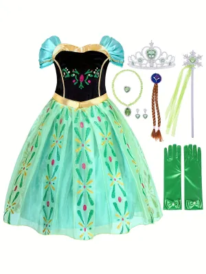 Toddler Girls Puff Sleeves Glitter Flowers Mesh Princess Dress Dress Up Halloween Party Performance Outfit & Crown & Magic Wand & Necklace Ring & Gloves Accessories Set