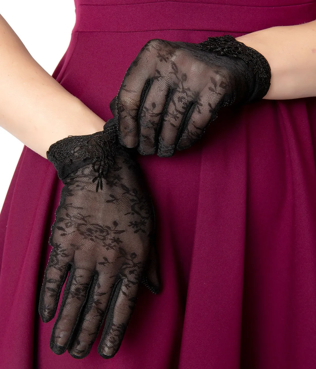 Unique Vintage Black Mesh Embroidered Lace Wrist Gloves