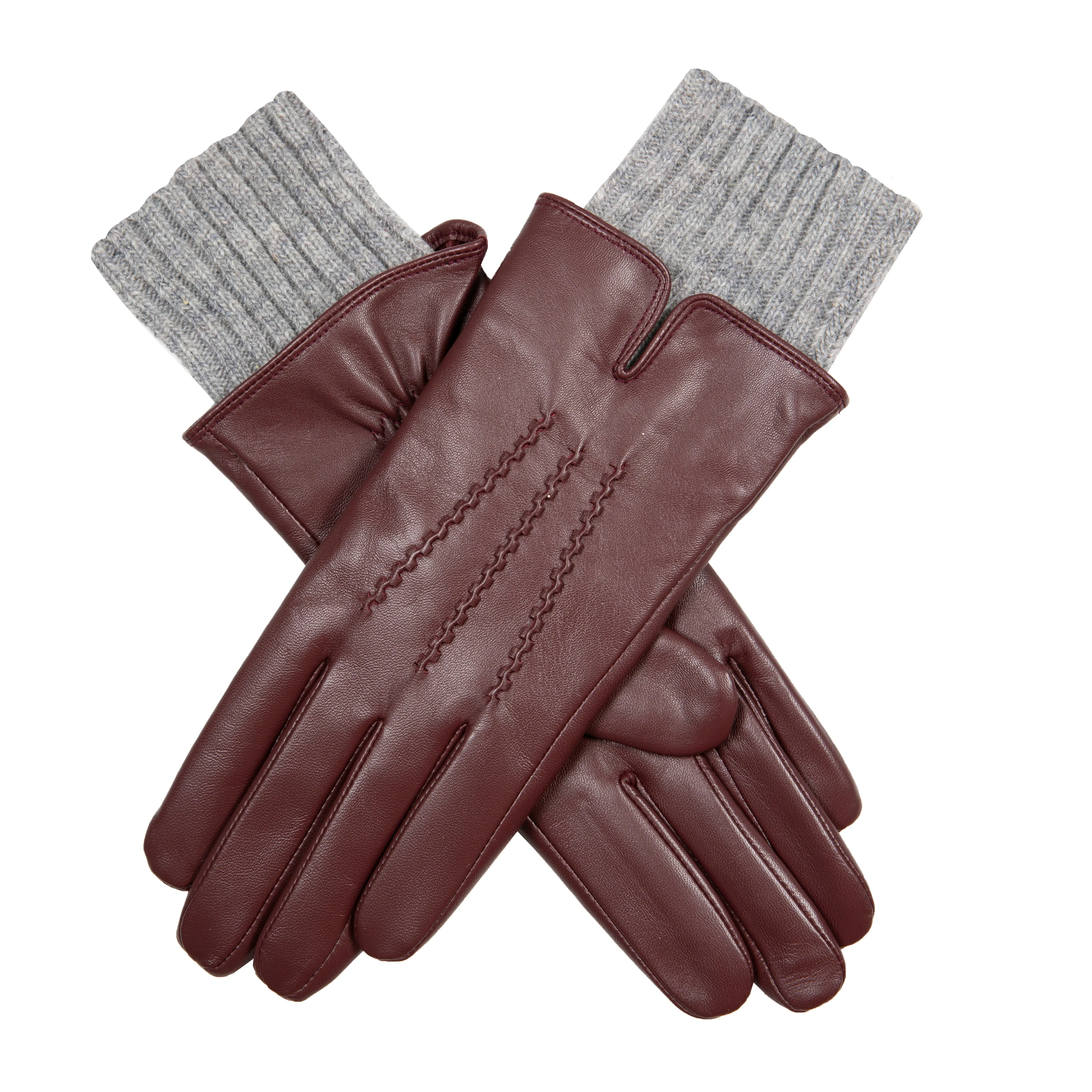 Women’s Three-Point Wool Blend-Lined Leather Gloves with Knitted Cuffs